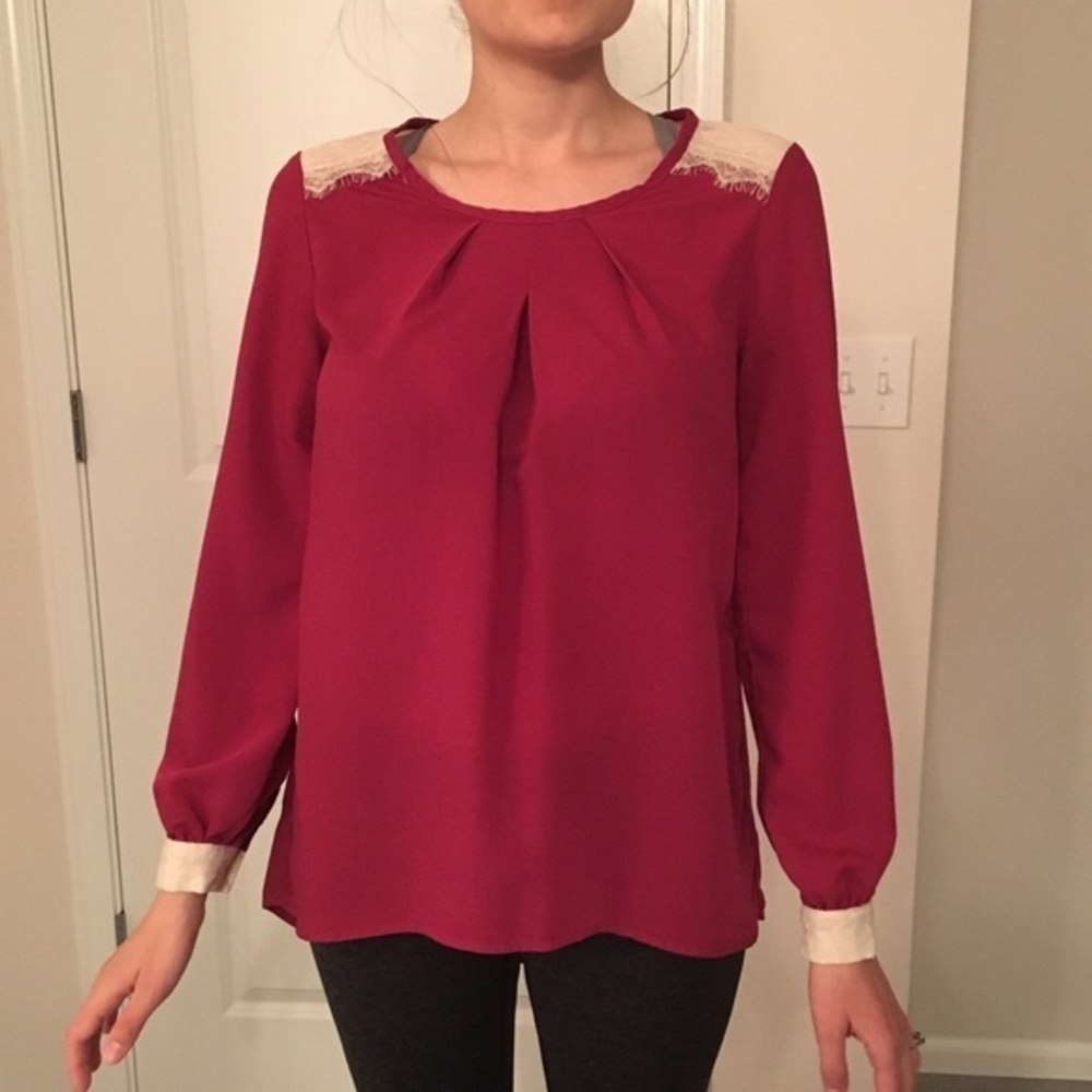 Chloe K blouse in wine with lace detailing